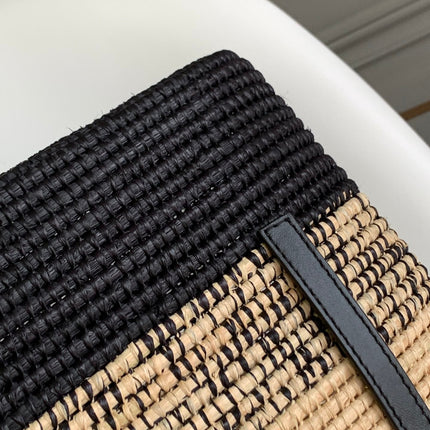 LOEWE 25S BASKET BAG 30 IN NATURAL MIX BLACK RAFFIA CALFSKIN SHOULDER STRAP
