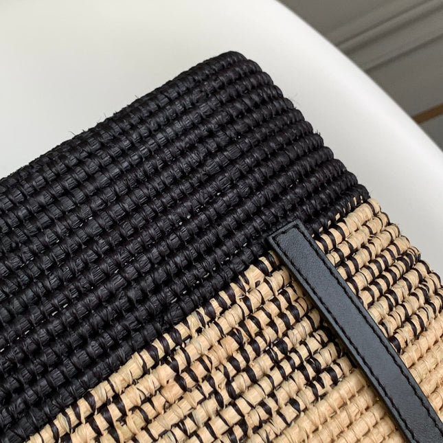 LOEWE 25S BASKET BAG 30 IN NATURAL MIX BLACK RAFFIA CALFSKIN SHOULDER STRAP