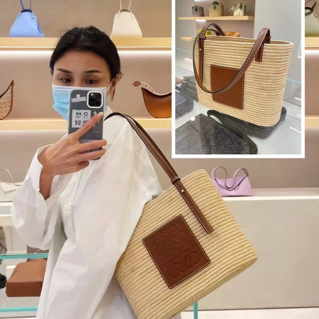SMALL SQUARE  28 BASKET BAG IN RAFFIA AND CALFSKIN