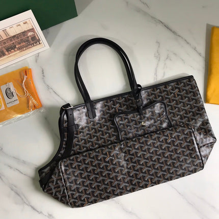 CHIEN GRIS BAG 33 IN BLACK GOYARDINE CANVAS AND TAN CALFSKIN TRIM