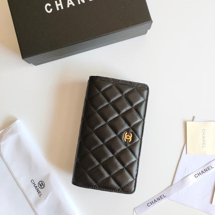 CC ZIPPED LONG PURSE 19 BLACK CALFSKIN GOLD ICON