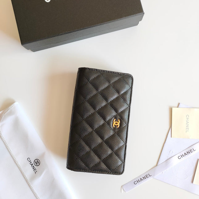 CC ZIPPED LONG PURSE 19 BLACK GRAINED CALFSKIN GOLD ICON