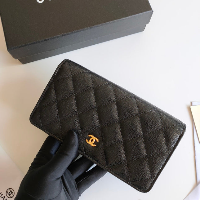 CC ZIPPED LONG PURSE 19 BLACK GRAINED CALFSKIN GOLD ICON