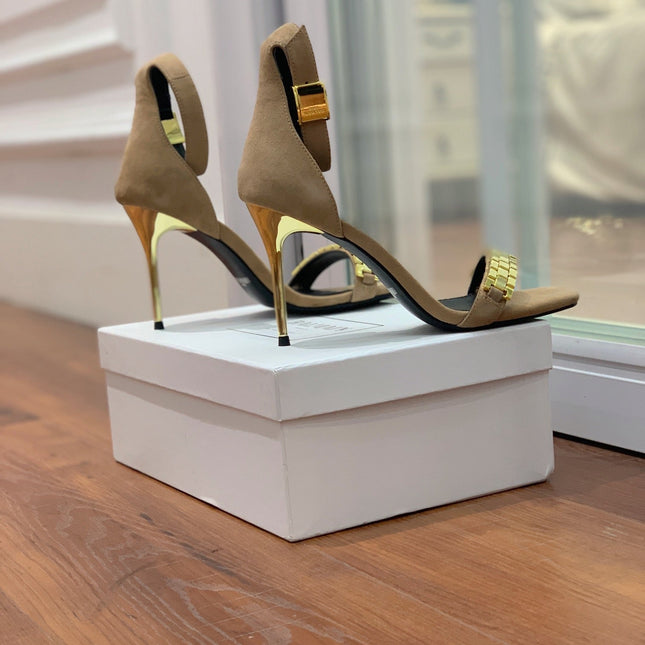 BALMAIN 25S METAL STRAP HIGH HEELS 95MM IN LIGHT BROWN SUEDE GOLD HARDWARE