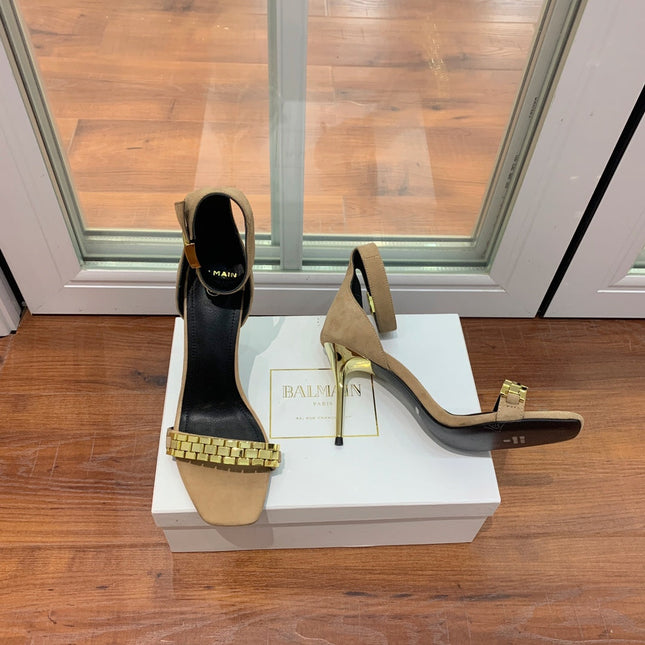 BALMAIN 25S METAL STRAP HIGH HEELS 95MM IN LIGHT BROWN SUEDE GOLD HARDWARE