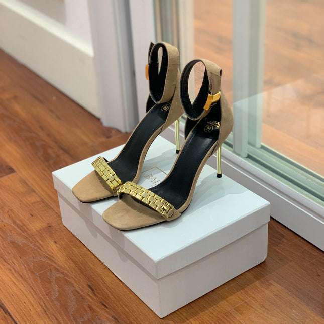 BALMAIN 25S METAL STRAP HIGH HEELS 95MM IN LIGHT BROWN SUEDE GOLD HARDWARE