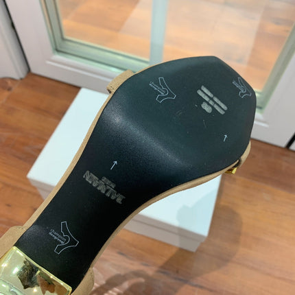 BALMAIN 25S METAL STRAP HIGH HEELS 95MM IN LIGHT BROWN SUEDE GOLD HARDWARE