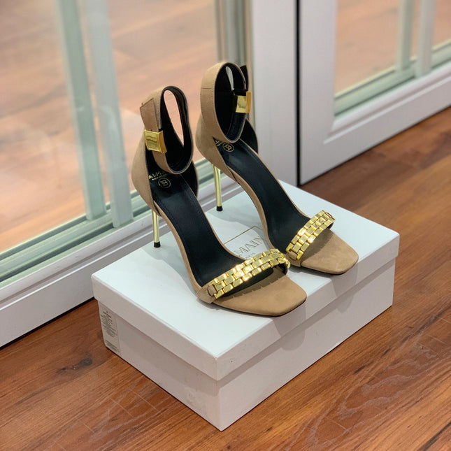 BALMAIN 25S METAL STRAP HIGH HEELS 95MM IN LIGHT BROWN SUEDE GOLD HARDWARE