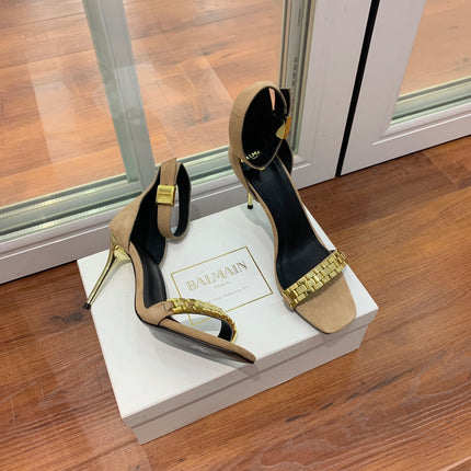 BALMAIN 25S METAL STRAP HIGH HEELS 95MM IN LIGHT BROWN SUEDE GOLD HARDWARE