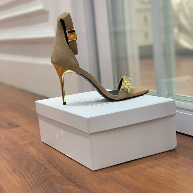 BALMAIN 25S METAL STRAP HIGH HEELS 95MM IN LIGHT BROWN SUEDE GOLD HARDWARE