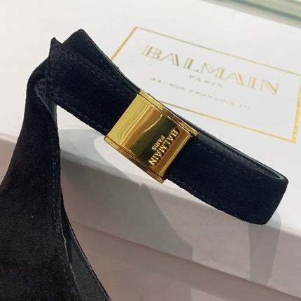 BALMAIN 25S METAL STRAP HIGH HEELS 95MM IN BLACK SUEDE GOLD HARDWARE