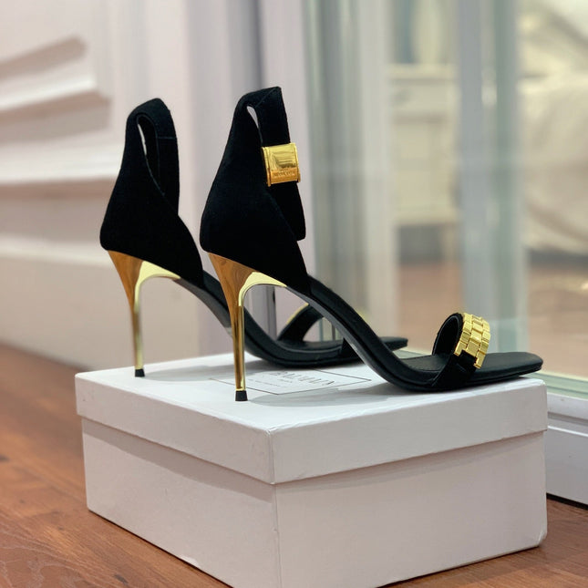 BALMAIN 25S METAL STRAP HIGH HEELS 95MM IN BLACK SUEDE GOLD HARDWARE