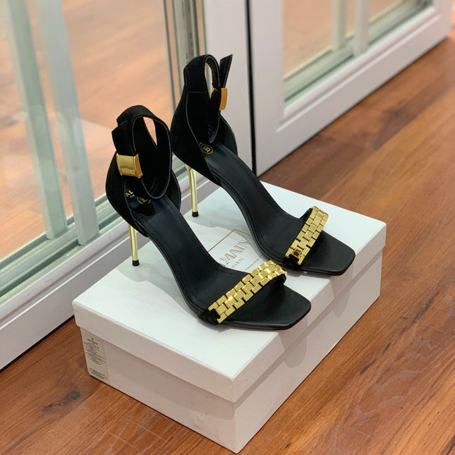 BALMAIN 25S METAL STRAP HIGH HEELS 95MM IN BLACK SUEDE GOLD HARDWARE