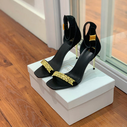 BALMAIN 25S METAL STRAP HIGH HEELS 95MM IN BLACK SUEDE GOLD HARDWARE