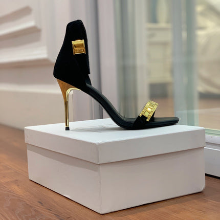BALMAIN 25S METAL STRAP HIGH HEELS 95MM IN BLACK SUEDE GOLD HARDWARE