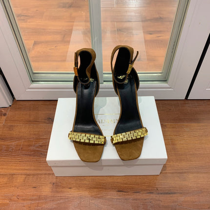 BALMAIN 25S METAL STRAP HIGH HEELS 95MM IN BROWN SUEDE GOLD HARDWARE