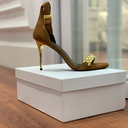 BALMAIN 25S METAL STRAP HIGH HEELS 95MM IN BROWN SUEDE GOLD HARDWARE