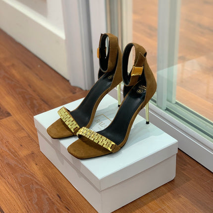 BALMAIN 25S METAL STRAP HIGH HEELS 95MM IN BROWN SUEDE GOLD HARDWARE