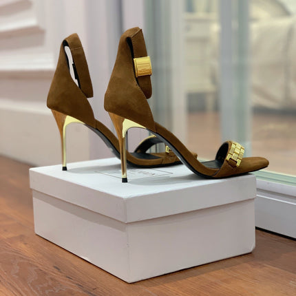 BALMAIN 25S METAL STRAP HIGH HEELS 95MM IN BROWN SUEDE GOLD HARDWARE