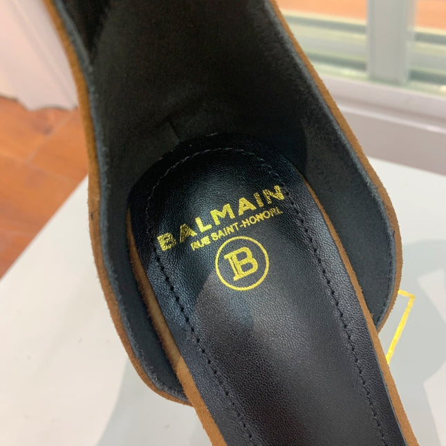 BALMAIN 25S METAL STRAP HIGH HEELS 95MM IN BROWN SUEDE GOLD HARDWARE