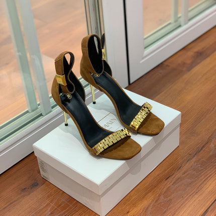 BALMAIN 25S METAL STRAP HIGH HEELS 95MM IN BROWN SUEDE GOLD HARDWARE