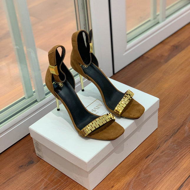 BALMAIN 25S METAL STRAP HIGH HEELS 95MM IN BROWN SUEDE GOLD HARDWARE