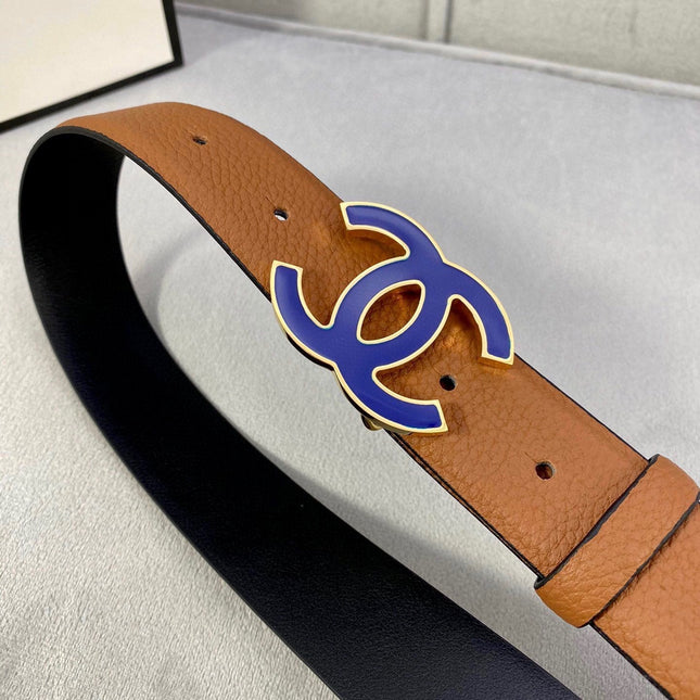 CC 30MM BELT IN BRONZE BROWN GRAINED CALFSKIN WITH NAVY BLUE METAL LOGO