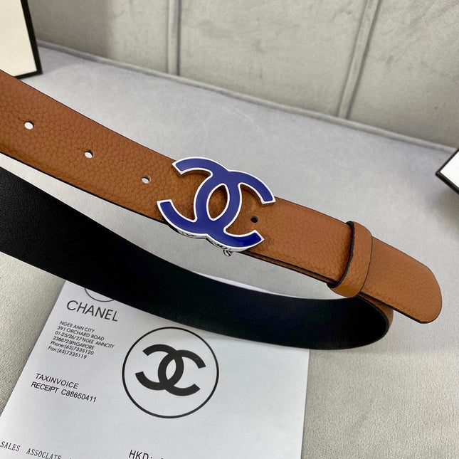 CC 30MM BELT IN BRONZE BROWN GRAINED CALFSKIN WITH NAVY BLUE METAL LOGO