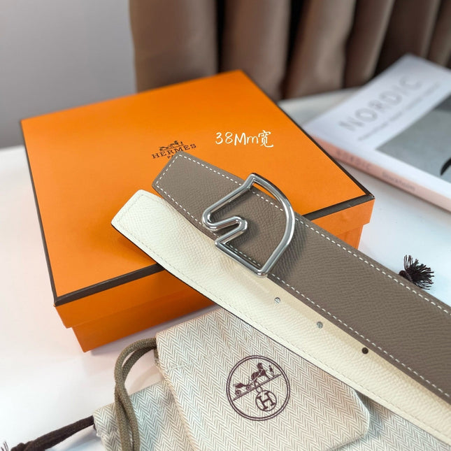 BOUCLE BELT BUCKLE & REVERSIBLE KHAKI BROWN AND WHITE LEATHER STRAP 38MM SILVER HARDWARE