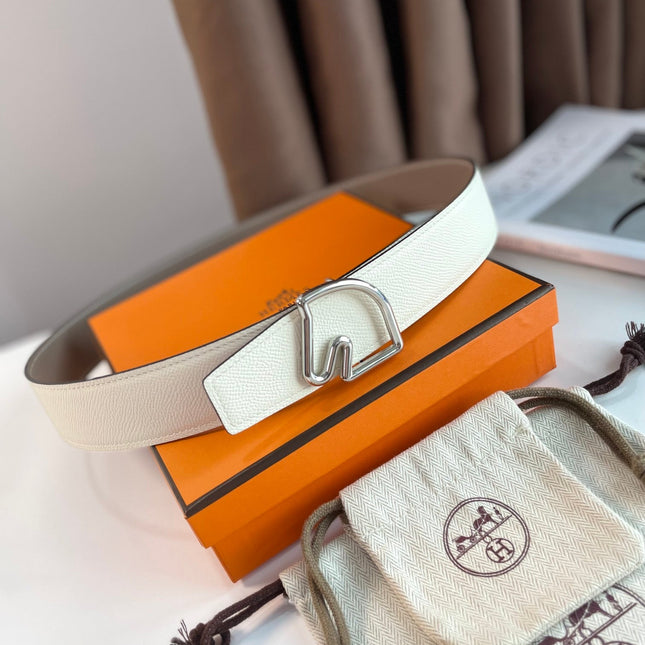 BOUCLE BELT BUCKLE & REVERSIBLE KHAKI BROWN AND WHITE LEATHER STRAP 38MM SILVER HARDWARE