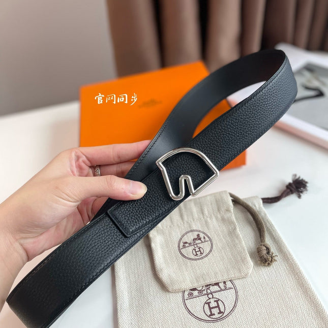 BOUCLE BELT BUCKLE & REVERSIBLE BLACK AND WHITE LEATHER STRAP 38MM SILVER HARDWARE