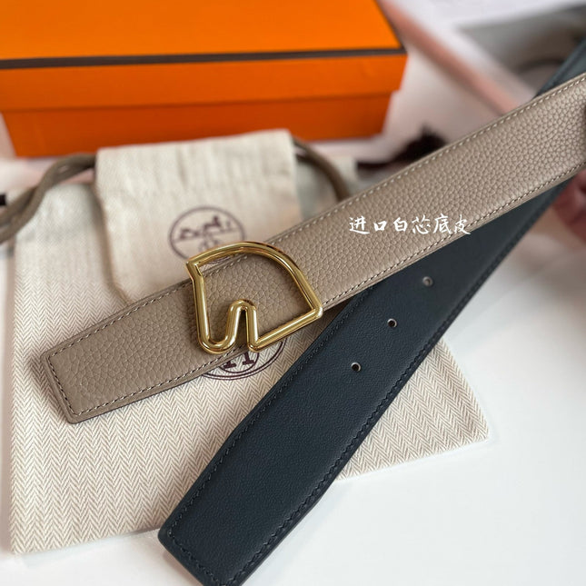 BOUCLE BELT BUCKLE & REVERSIBLE KHAKI BROWN LEATHER STRAP 38MM GOLD HARDWARE