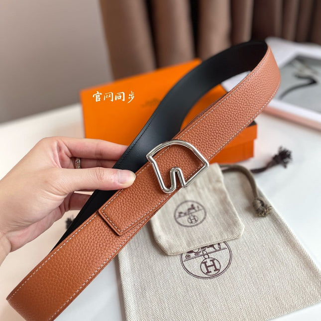 BOUCLE BELT BUCKLE & REVERSIBLE GINGER ORANGE AND BLACK LEATHER STRAP 38MM SILVER HARDWARE