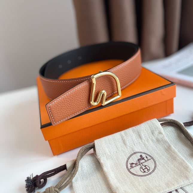 BOUCLE BELT BUCKLE & REVERSIBLE GINGER ORANGE AND BLACK LEATHER STRAP 38MM GOLD HARDWARE