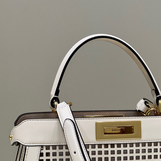 PEEKABOO ISEEU 34 IN WHITE PERFORATED CALFSKIN GOLD HARDWARE