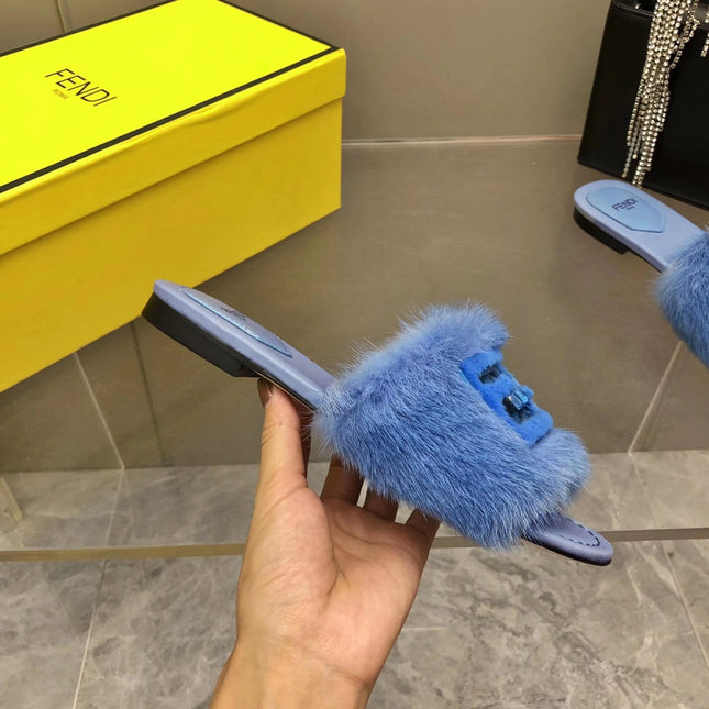 FENDI BAGUETTE MINK SLIDE SLIPPER IN ELECTRIC BLUE FUR
