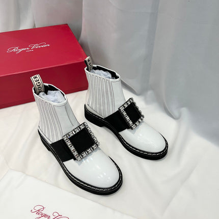 VIV' RANGERS CHELSEA BOOTIES IN WHITE CALFSKIN CRYSTAL BUCKLE