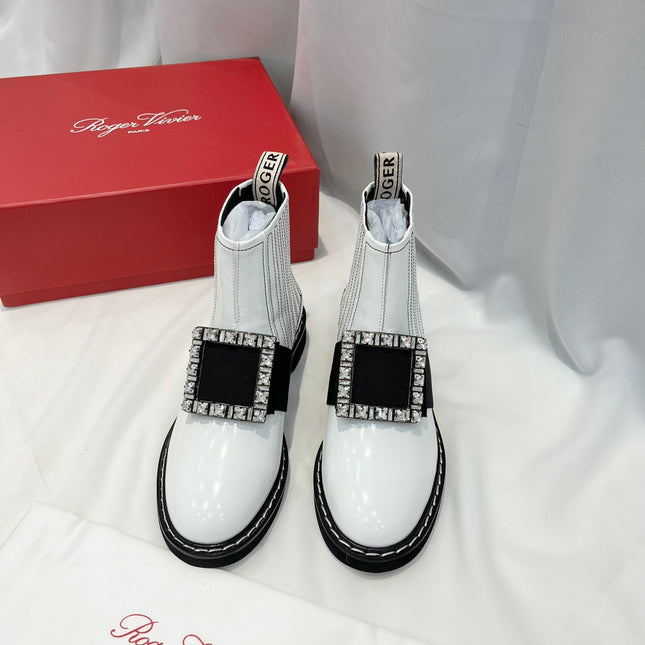VIV' RANGERS CHELSEA BOOTIES IN WHITE CALFSKIN CRYSTAL BUCKLE