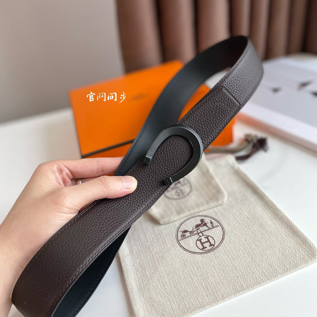 HM LUCK BELT BUCKLE & REVERSIBLE CHOCOLATE BROWN AND BLACK LEATHER STRAP 38MM