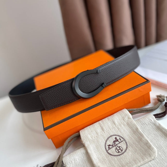 HM LUCK BELT BUCKLE & REVERSIBLE CHOCOLATE BROWN AND BLACK LEATHER STRAP 38MM