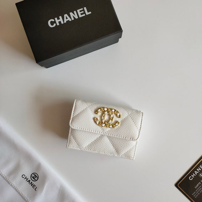 CC TRIFOLD PURSE 12 WHITE GRAINED CALFSKIN GOLD ICON