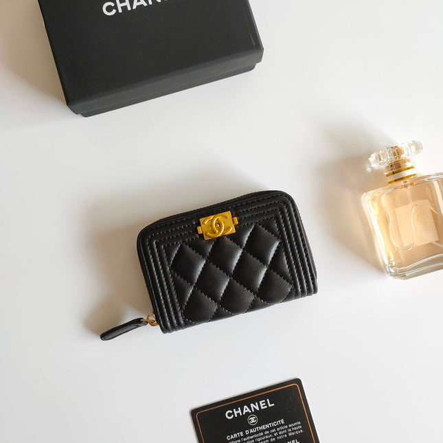 CC BOY ZIP COIN PURSE 11.5 BLACK CALFSKIN GOLD ICON