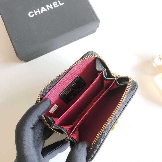 CC BOY ZIP COIN PURSE 11.5 BLACK CALFSKIN GOLD ICON