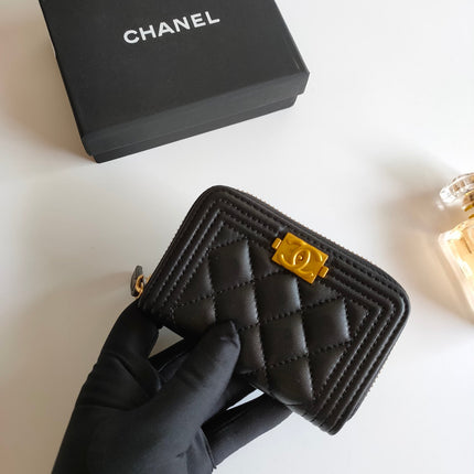 CC BOY ZIP COIN PURSE 11.5 BLACK CALFSKIN GOLD ICON