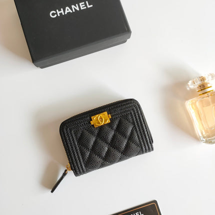 CC BOY ZIP COIN PURSE 11.5 BLACK GRAINED CALFSKIN GOLD ICON