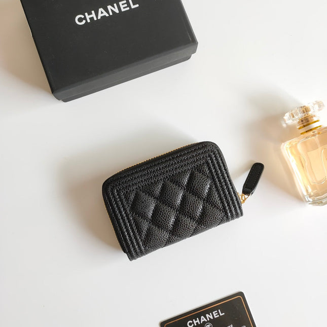 CC BOY ZIP COIN PURSE 11.5 BLACK GRAINED CALFSKIN GOLD ICON