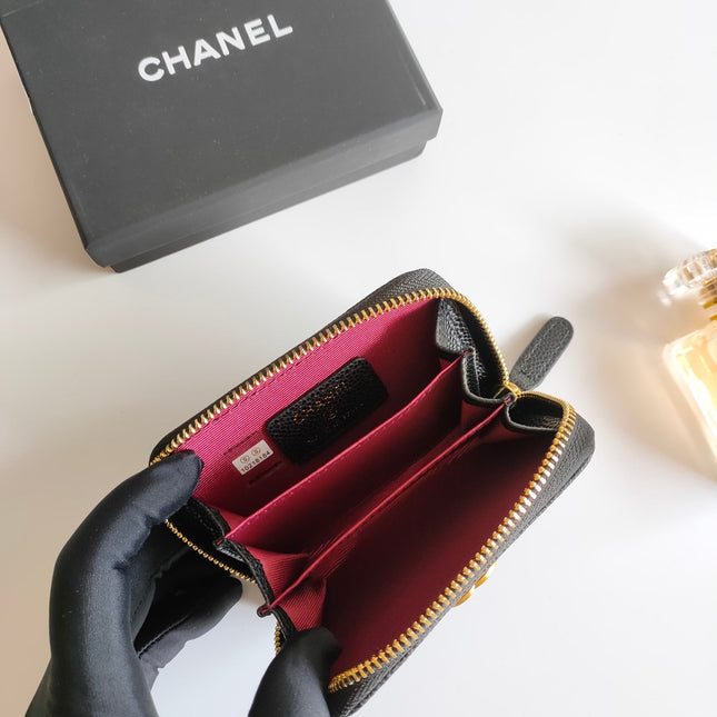 CC BOY ZIP COIN PURSE 11.5 BLACK GRAINED CALFSKIN GOLD ICON