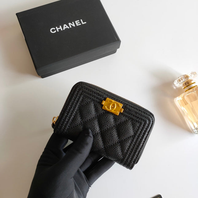 CC BOY ZIP COIN PURSE 11.5 BLACK GRAINED CALFSKIN GOLD ICON