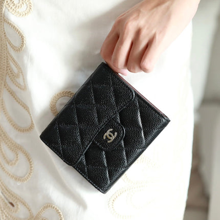 CC FLAP CARD HOLDER 11.5 BLACK GRAINED CALFSKIN SILVER ICON