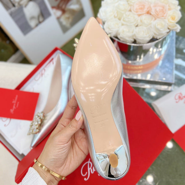 EFFLORESCENCE POINTED-TOE PUMPS IN SILVER SATIN WITH CRYSTAL BUCKLE